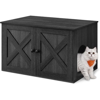 FEANDREA FEANDREA Furniture Style Barn Door End Table Cat Litter Box Enclosure, Ink Black, 31.5-in