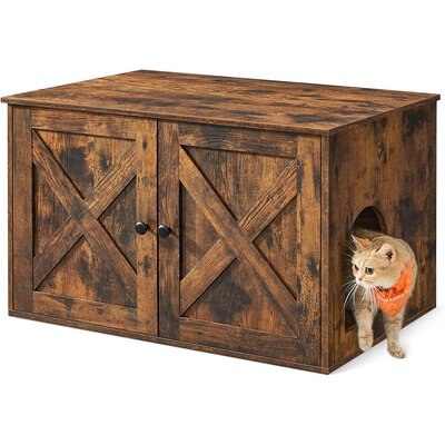FEANDREA FEANDREA Furniture Style Barn Door End Table Cat Litter Box Enclosure, Rustic Brown, 31.5-in