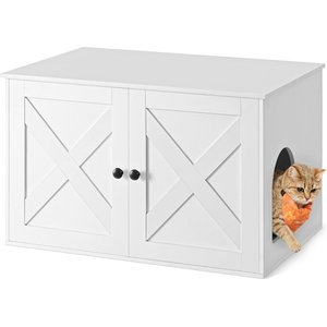 FEANDREA Furniture Style Barn Door End Table Cat Litter Box Enclosure, White, 31.5-in