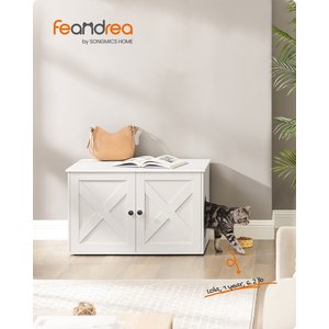 FEANDREA Furniture Style Barn Door End Table Cat Litter Box Enclosure, White, 31.5-in