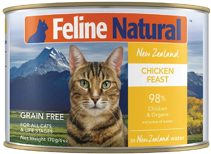 FELINE NATURAL Chicken Feast Grain-Free Canned Cat Food, 6-oz, case of ... - Natural, Grain-Free Cat Food For Feline Digestive Issues And Ibd