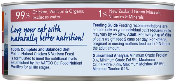 View of FELINE NATURAL Chicken & Venison Feast Grain-Free Canned Cat Food, 3-oz ...
