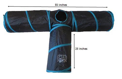 Show full view: Feline Ruff 12" Premium 3-Way Collapsible Tunnel Cat Toy, Black & Blue slide 2 of 5