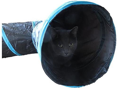 Show full view: Feline Ruff 12" Premium 3-Way Collapsible Tunnel Cat Toy, Black & Blue slide 3 of 5