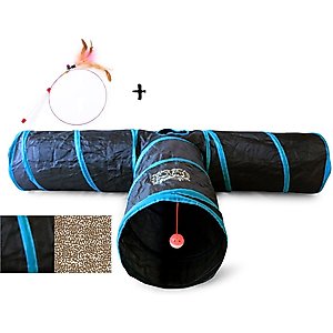 Feline Ruff 12" Premium 3-Way Collapsible Tunnel Cat Toy, Black & Blue