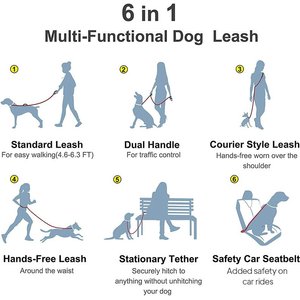 FIDA 6-IN-1 Feature Dog Leash, 6.5-ft long, 1-in wide, Black