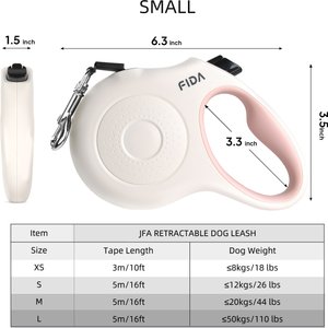 FIDA JFA Retractable Dog Leash, White, Small: 16-ft long