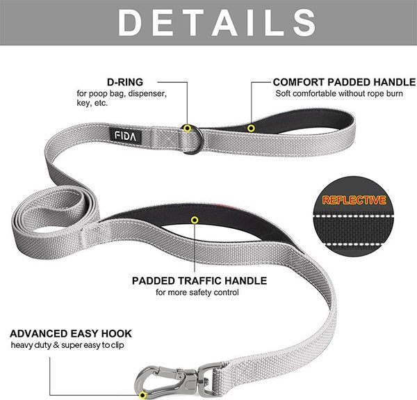 Show full view: FIDA Leash with Integrated Traffic Handles Dog Leash, 5-ft long, 1-in wide, Grey slide 2 of 7