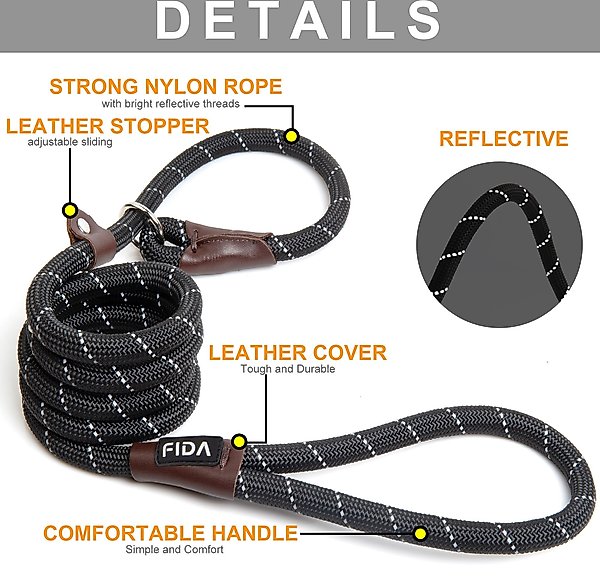 Show full view: FIDA Rope Slip Training Dog Leash, 6-ft long, 1/2-in wide, Black slide 2 of 7
