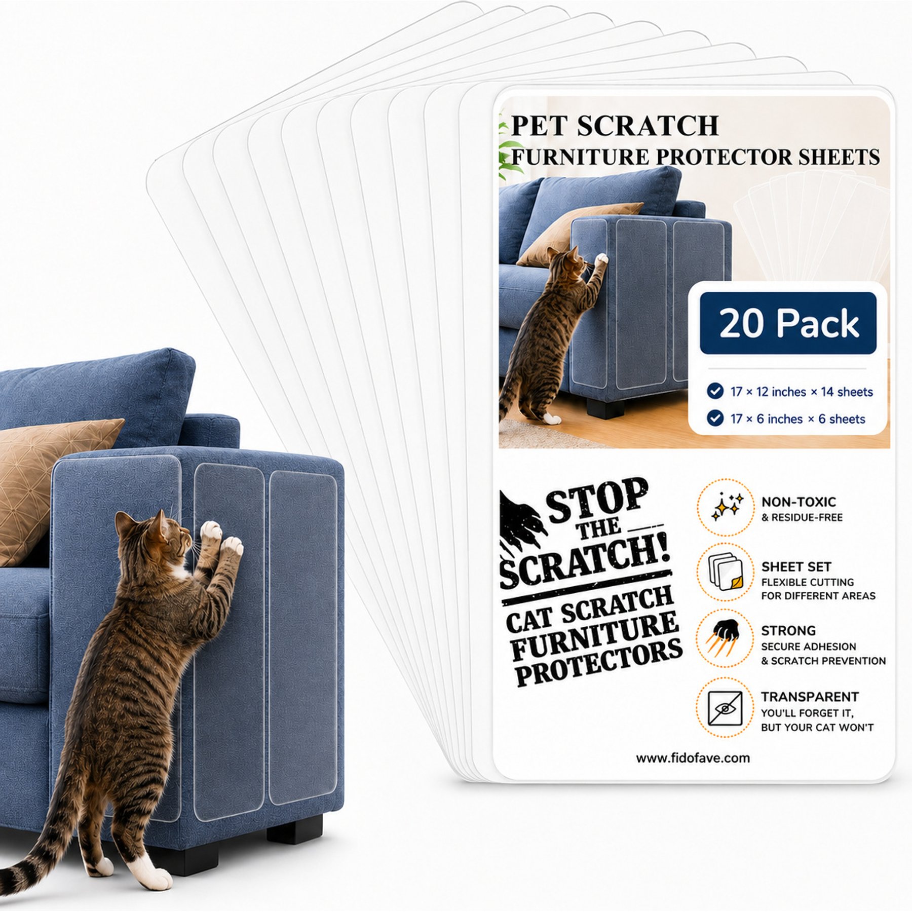Fido Fave Heavy Duty Clear Guard Furniture Cat Scratch Protector, Transparent, 20 count