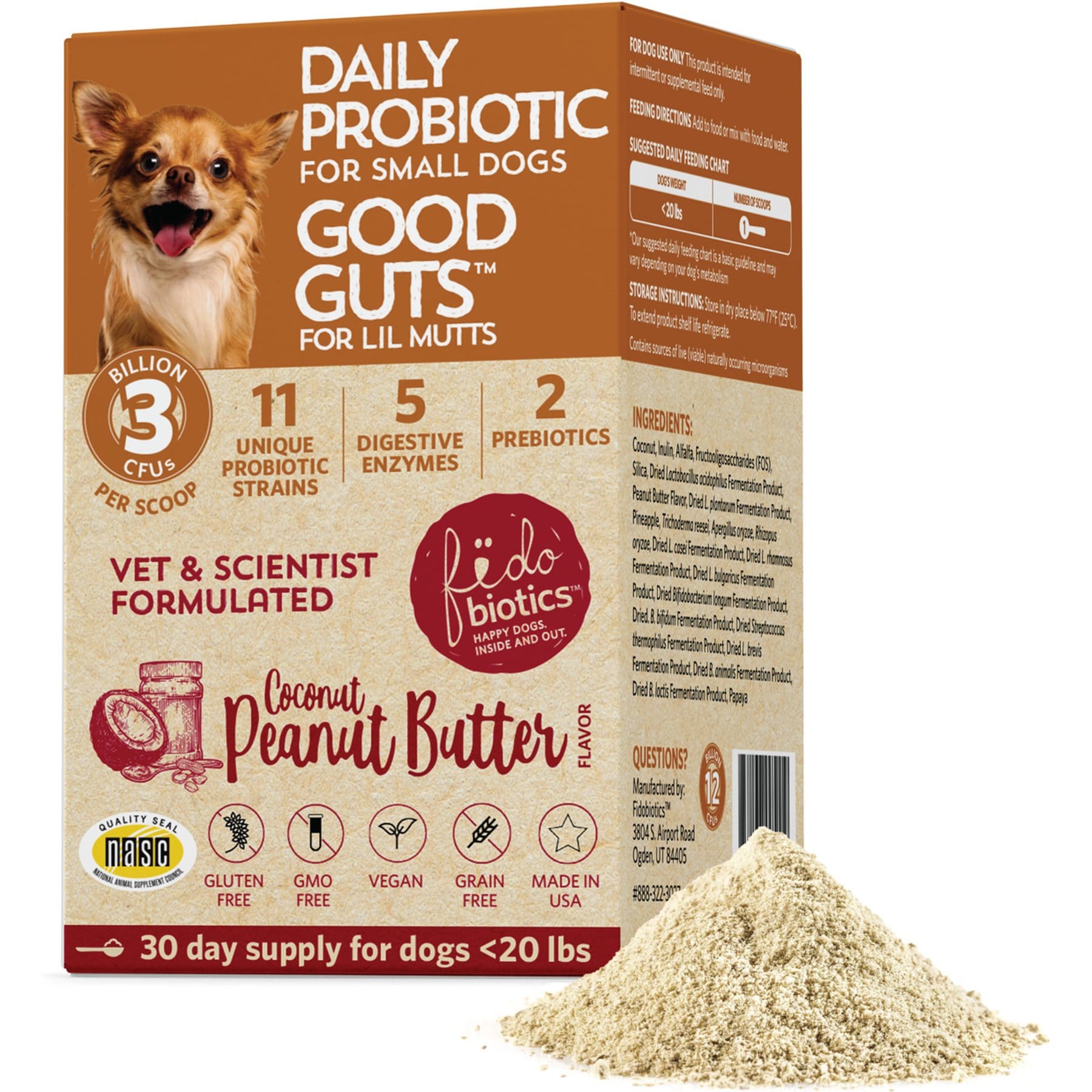 Fidobiotics Good Guts Probiotic Supplement Health Peanut Butter Flavored Powder Digestive Aid for Small Dogs, 30 count