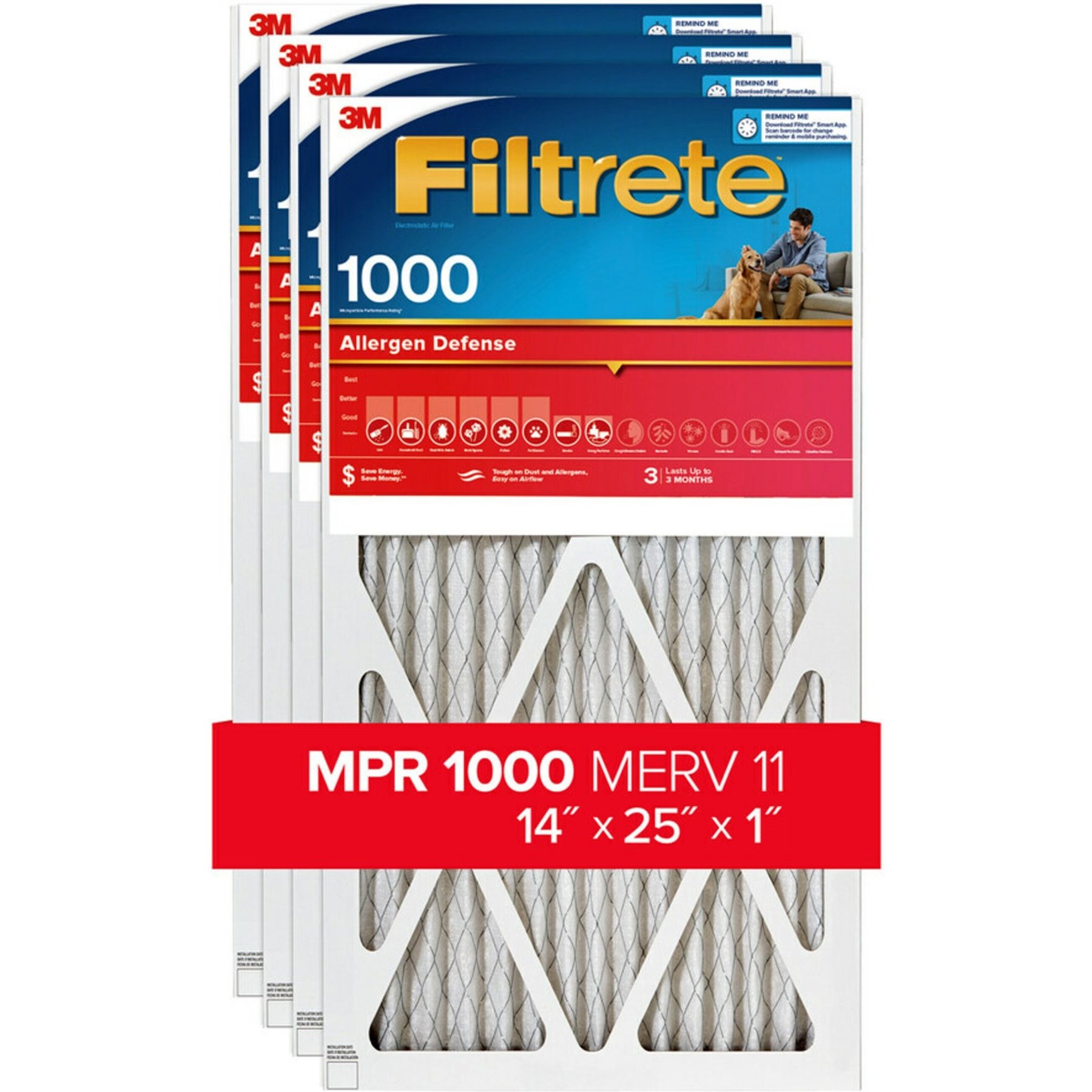 Filtrete Allergen Defense 1000 MPR Air Filter, 4 count, 14 x 25 inches