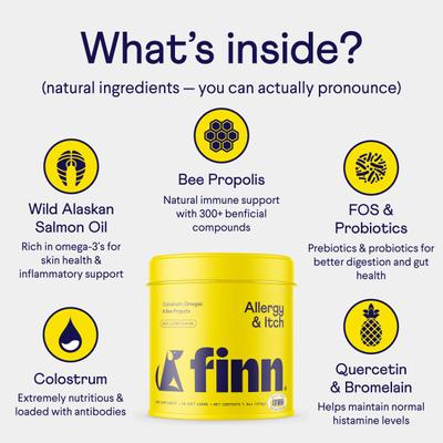 Show full view: Finn Allergy & Itch Beef Liver Flavored Soft Chew Allergy, 90 count + Digestive Prebiotic & Probiotic Supplement for Dogs, 90 count slide 4 of 10