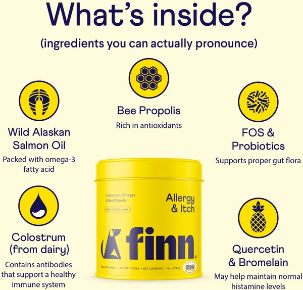 Show full view: Finn Allergy & Itch Beef Liver Flavored Soft Chew Allergy Supplement for Dogs, 90 count slide 5 of 10