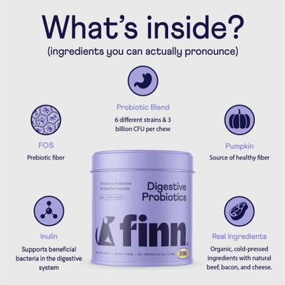 Show full view: Finn Digestive Prebiotic & Probiotic Supplement for Dogs, 90 count slide 6 of 11