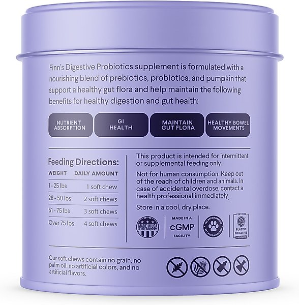 Show full view: Finn Digestive Prebiotic & Probiotic Supplement for Dogs, 90 count slide 2 of 10