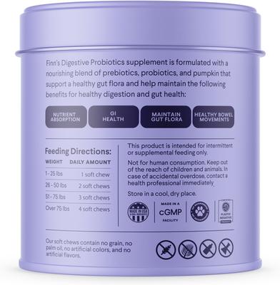 Show full view: Finn Digestive Prebiotic & Probiotic Supplement for Dogs, 90 count slide 3 of 11