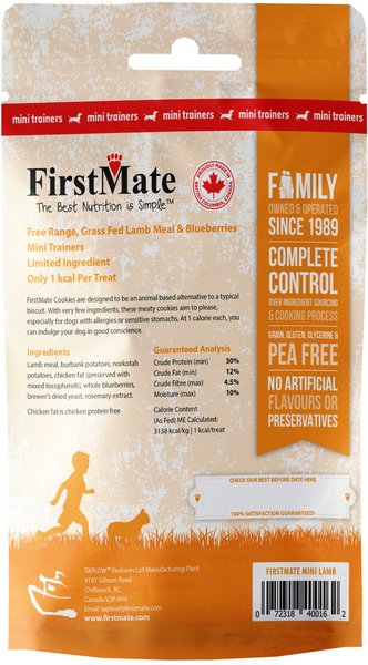 Show full view: Firstmate Free Range Grass Fed Lamb & Blueberries Mini Trainer Grain-Free Dog Treats, 8-oz bag slide 4 of 4