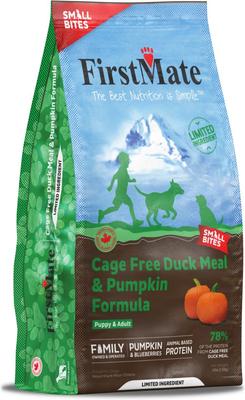 Show full view: Firstmate Small Bites Cage Free Duck Meal & Pumpkin Formula Grain-Free Dry Dog Food, 4-lb bag slide 3 of 5