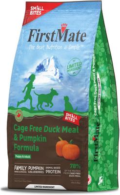 Show full view: Firstmate Small Bites Cage Free Duck Meal & Pumpkin Formula Grain-Free Dry Dog Food, 4-lb bag slide 4 of 5