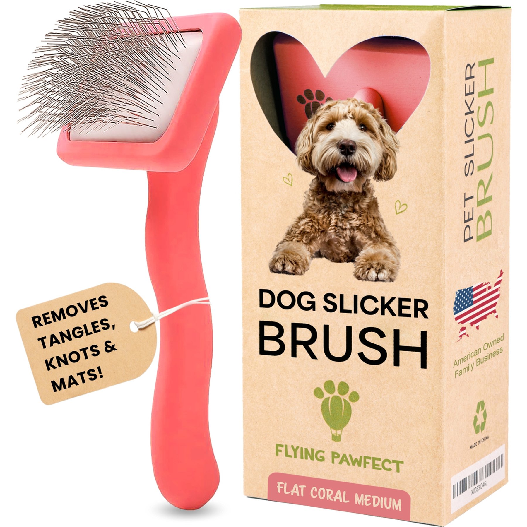 Flying Pawfect Flat Slicker Dog Brush, Coral, Medium