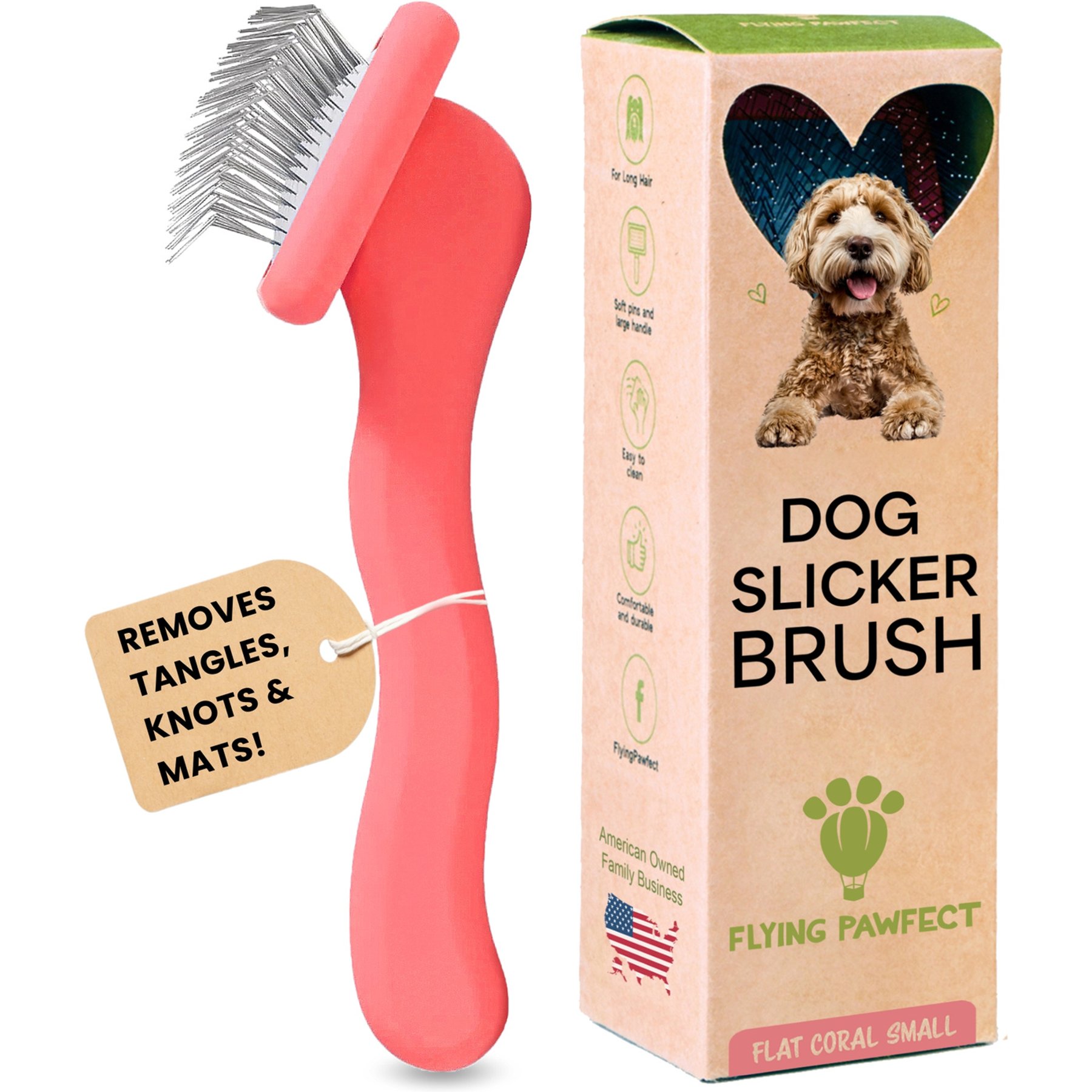 Flying Pawfect Flat Slicker Dog Brush, Coral, Small