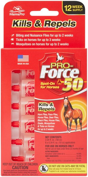 Show full view: Manna Pro Pro-Force 50 Equine Spot-On Fly, Tick & Mosquito Repellent Horse Spray, 6 count slide 1 of 4