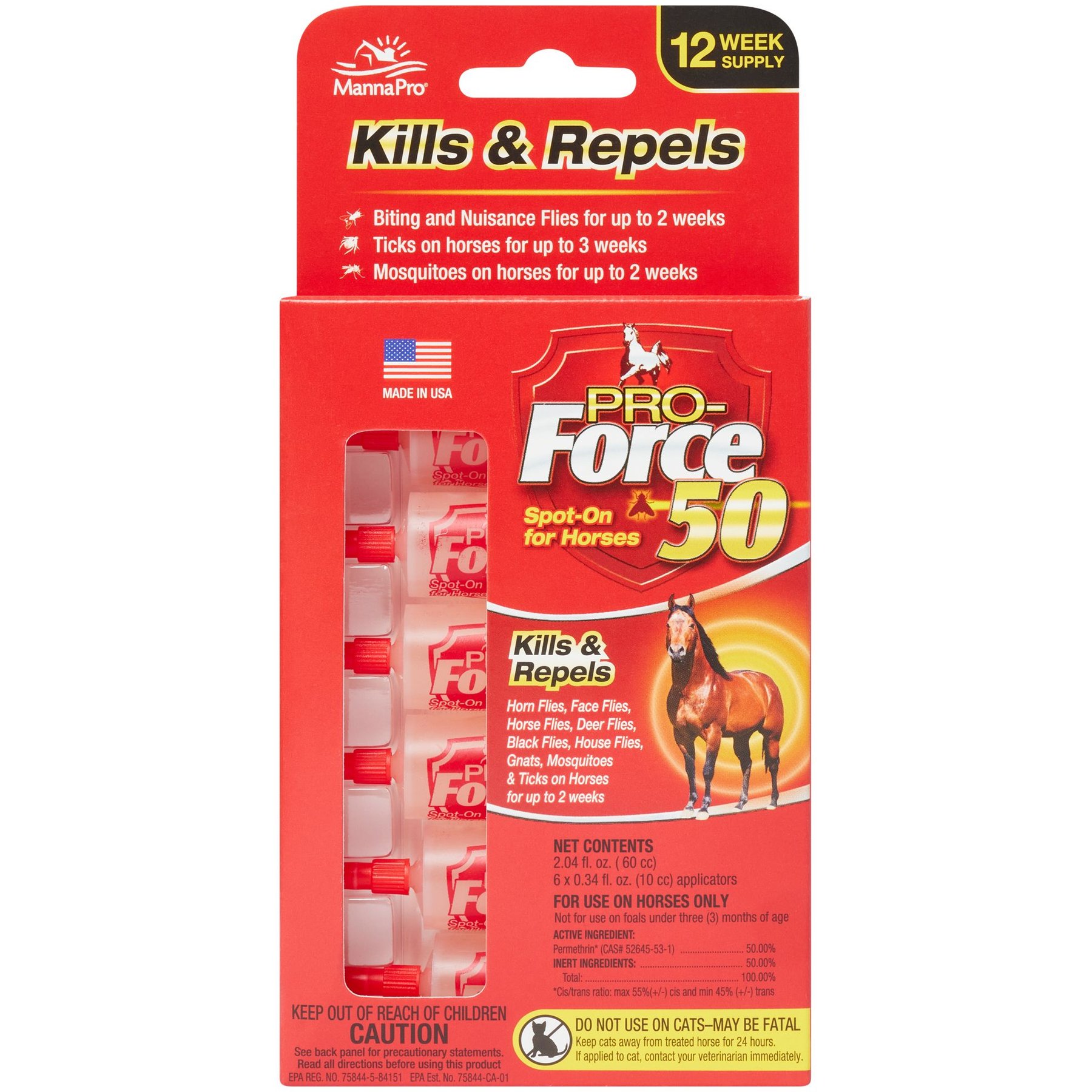 Manna Pro Pro-Force 50 Equine Spot-On Fly, Tick & Mosquito Repellent Horse Spray, 24 count