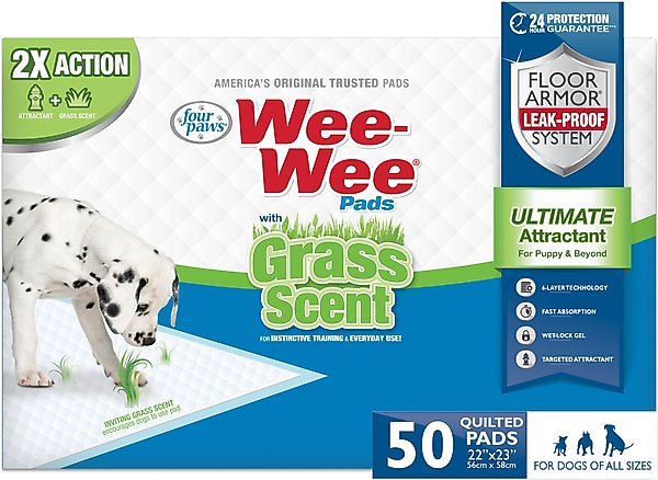 Show full view: Four Paws Wee-Wee Ultimate Attractant Dog Pee Pads, Grass Scent, 22 x 23-in, 50 count slide 1 of 9