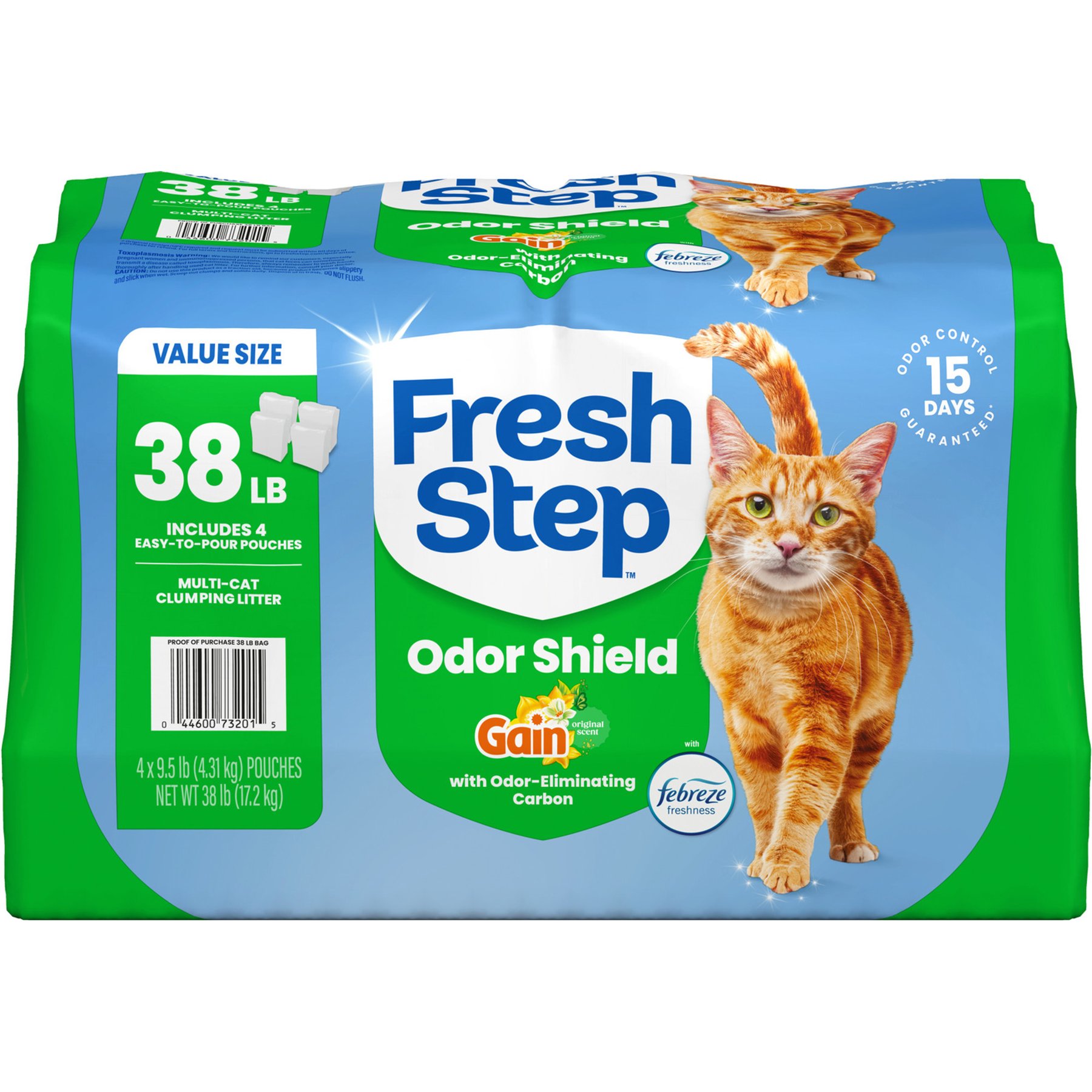 Fresh Step Odor Shield Febreze Freshness Gain Original Scented Multi-Cat Clumping Clay Cat Litter, 9.5-lb bag, 4 count