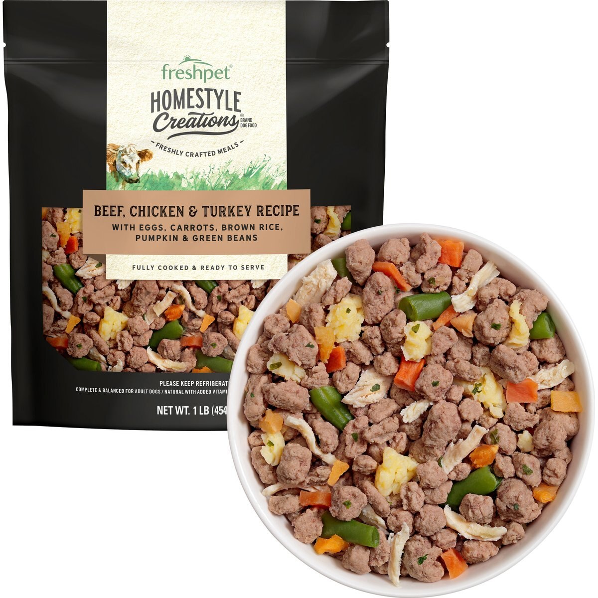 Freshpet Homestyle Creations Fresh Beef, Chicken & Turkey Recipe Dog Food, 1-lb bag, bundle of 12