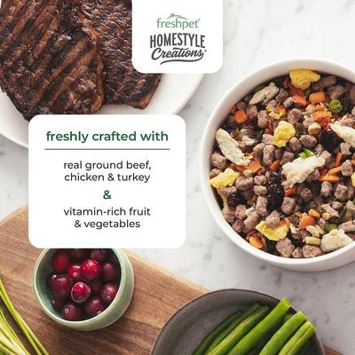 Show full view: Freshpet Homestyle Creations Fresh Beef, Chicken & Turkey Recipe Dog Food, 1-lb bag, case of 6 slide 5 of 10