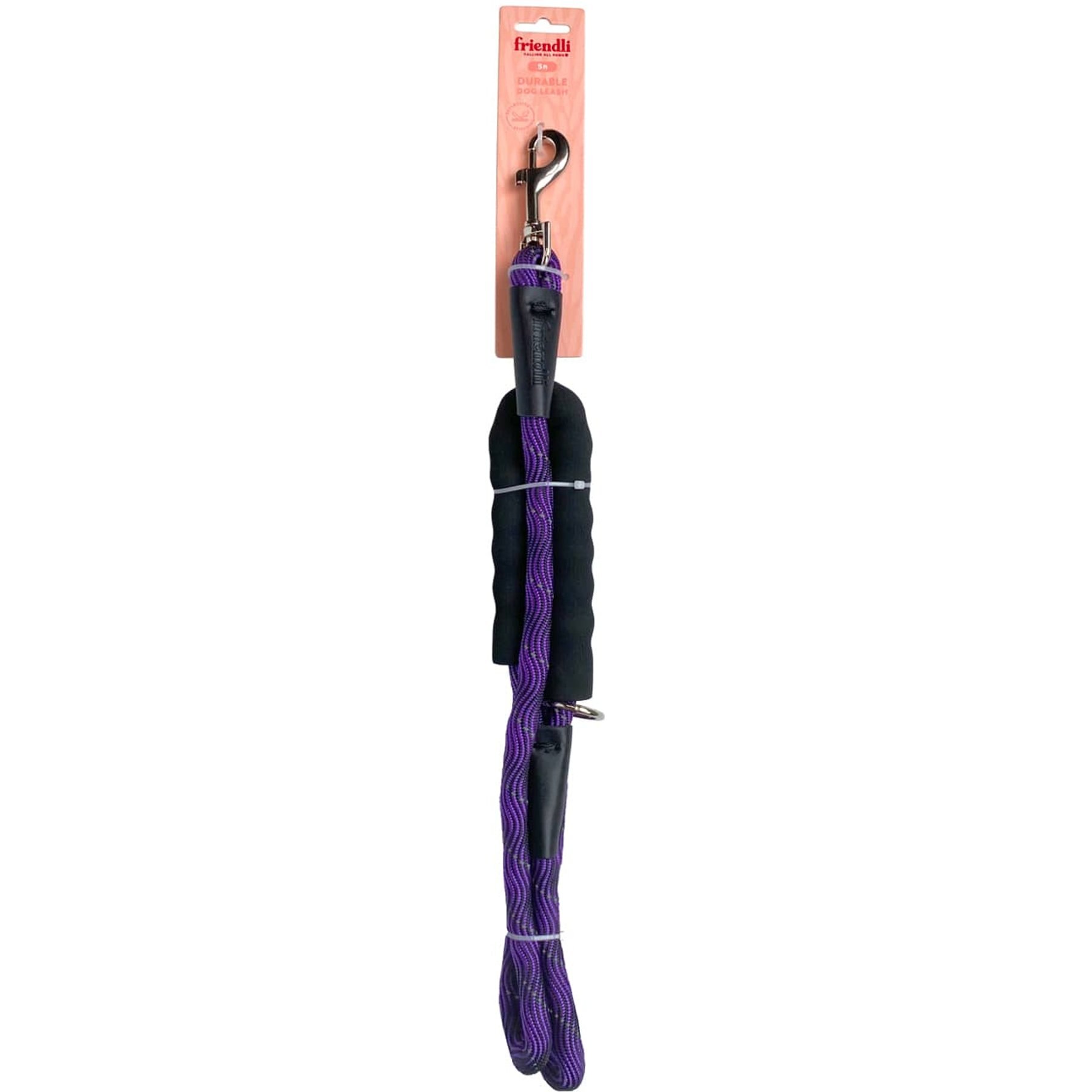 Friendli Nylon Rope Reflective Dog Leash, 5-ft long, 1/2-in wide, Grape