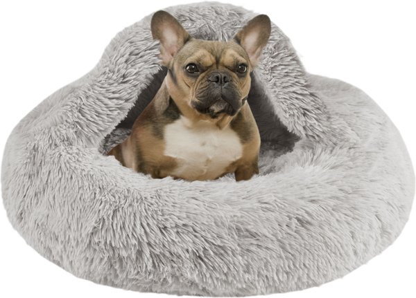 Show full view: Friends Forever Luna Donut Faux Fur Cozy Cave Covered Dog Bed with Hooded Blanket, Grey slide 1 of 9