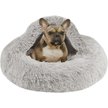 Show in main carousel: Friends Forever Luna Donut Faux Fur Cozy Cave Covered Dog Bed with Hooded Blanket, Grey slide 1 of 9