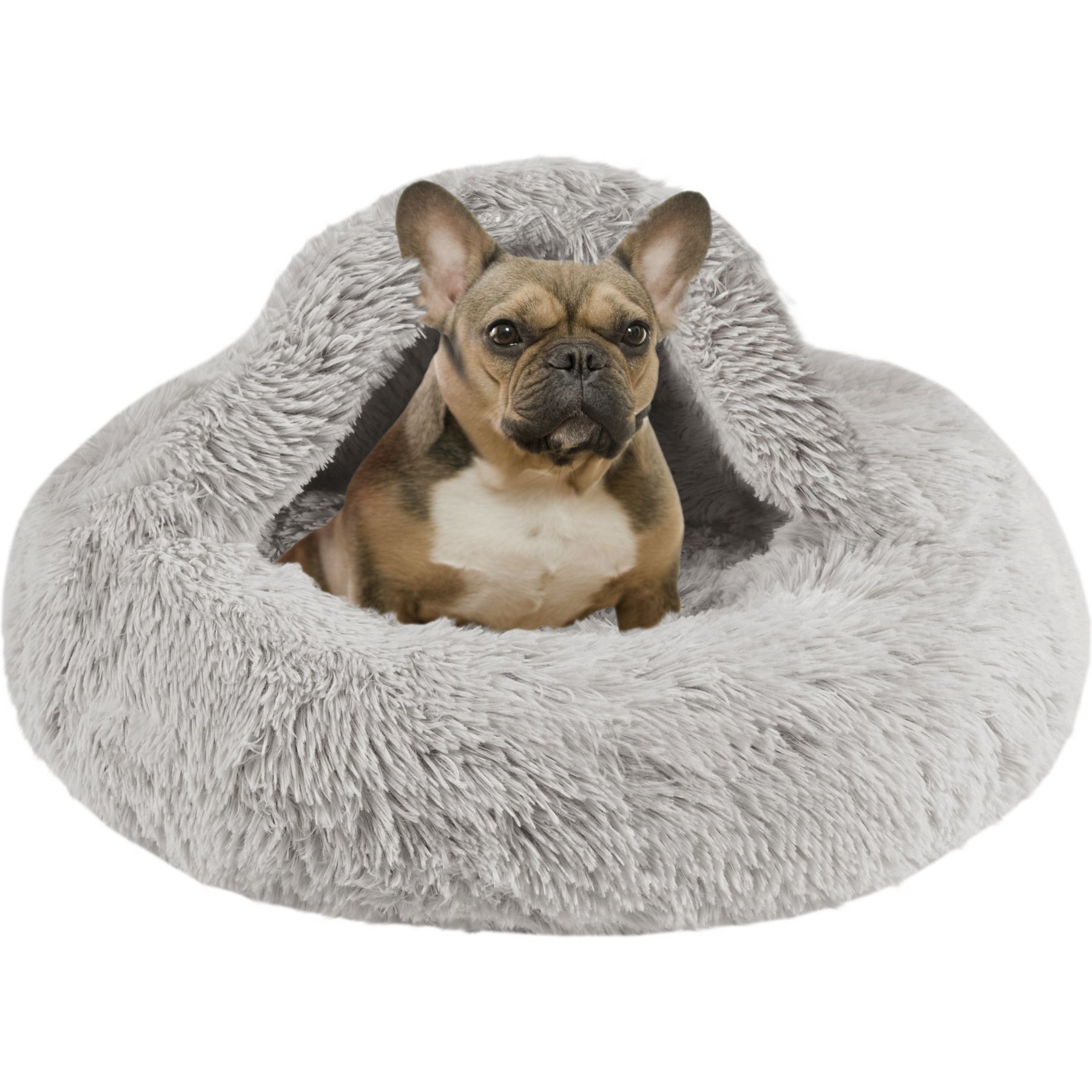 Friends Forever Luna Donut Faux Fur Cozy Cave Covered Dog Bed with Hooded Blanket, Grey