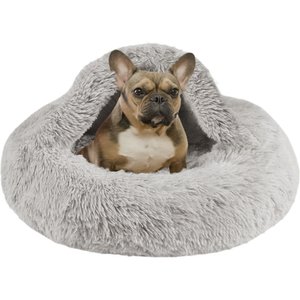 Friends Forever Luna Donut Faux Fur Cozy Cave Covered Dog Bed with Hooded Blanket, Grey