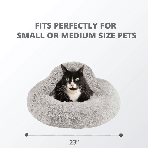 Show full view: Friends Forever Luna Donut Faux Fur Cozy Cave Covered Dog Bed with Hooded Blanket, Grey slide 2 of 9