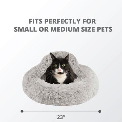 Show full view: Friends Forever Luna Donut Faux Fur Cozy Cave Covered Dog Bed with Hooded Blanket, Grey slide 3 of 10