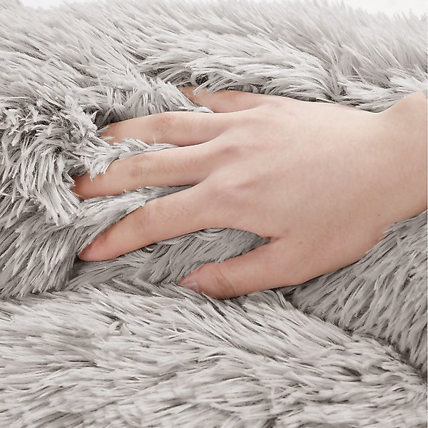 Show full view: Friends Forever Luna Donut Faux Fur Cozy Cave Covered Dog Bed with Hooded Blanket, Grey slide 3 of 9