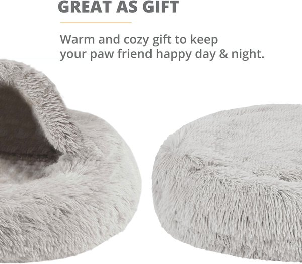 Show full view: Friends Forever Luna Donut Faux Fur Cozy Cave Covered Dog Bed with Hooded Blanket, Grey slide 4 of 9