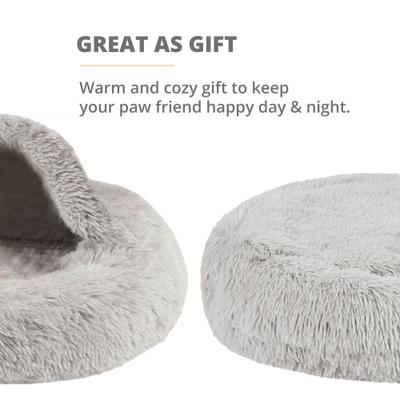 Show full view: Friends Forever Luna Donut Faux Fur Cozy Cave Covered Dog Bed with Hooded Blanket, Grey slide 5 of 10