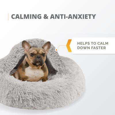 Show full view: Friends Forever Luna Donut Faux Fur Cozy Cave Covered Dog Bed with Hooded Blanket, Grey slide 6 of 10