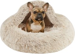 Friends Forever Luna Donut Faux Fur Cozy Cave Covered Dog Bed with Hooded Blanket, Tan slide 1 of 8