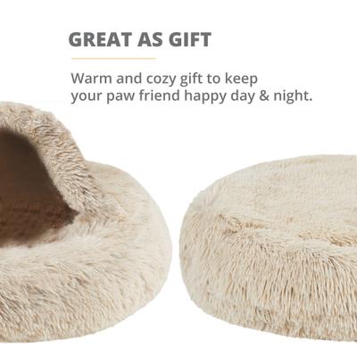 Show full view: Friends Forever Luna Donut Faux Fur Cozy Cave Covered Dog Bed with Hooded Blanket, Tan slide 4 of 9