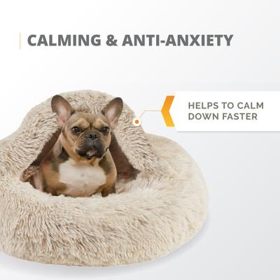 Show full view: Friends Forever Luna Donut Faux Fur Cozy Cave Covered Dog Bed with Hooded Blanket, Tan slide 5 of 9