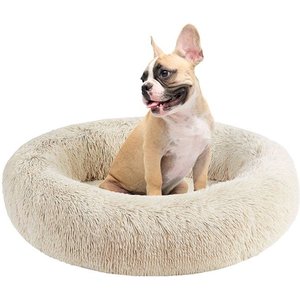 Friends Forever Serena Calming Oval Cuddler Bolster with Memory Foam Dog & Cat Bed, Tan, Small
