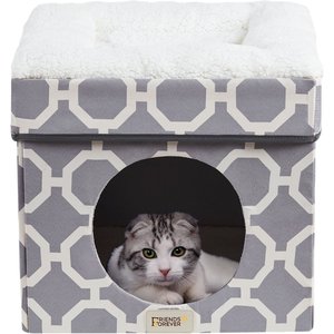Friends Forever Taylor Collapsible Cube Cat House & Ottoman, Grey