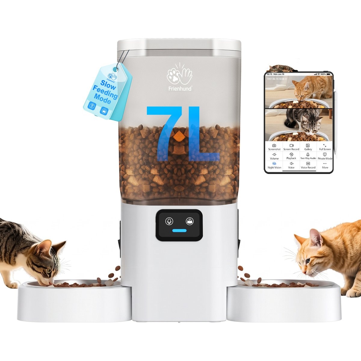 FrienHund Two 1080P Camera Automatic Two Cat Feeder, White, Large