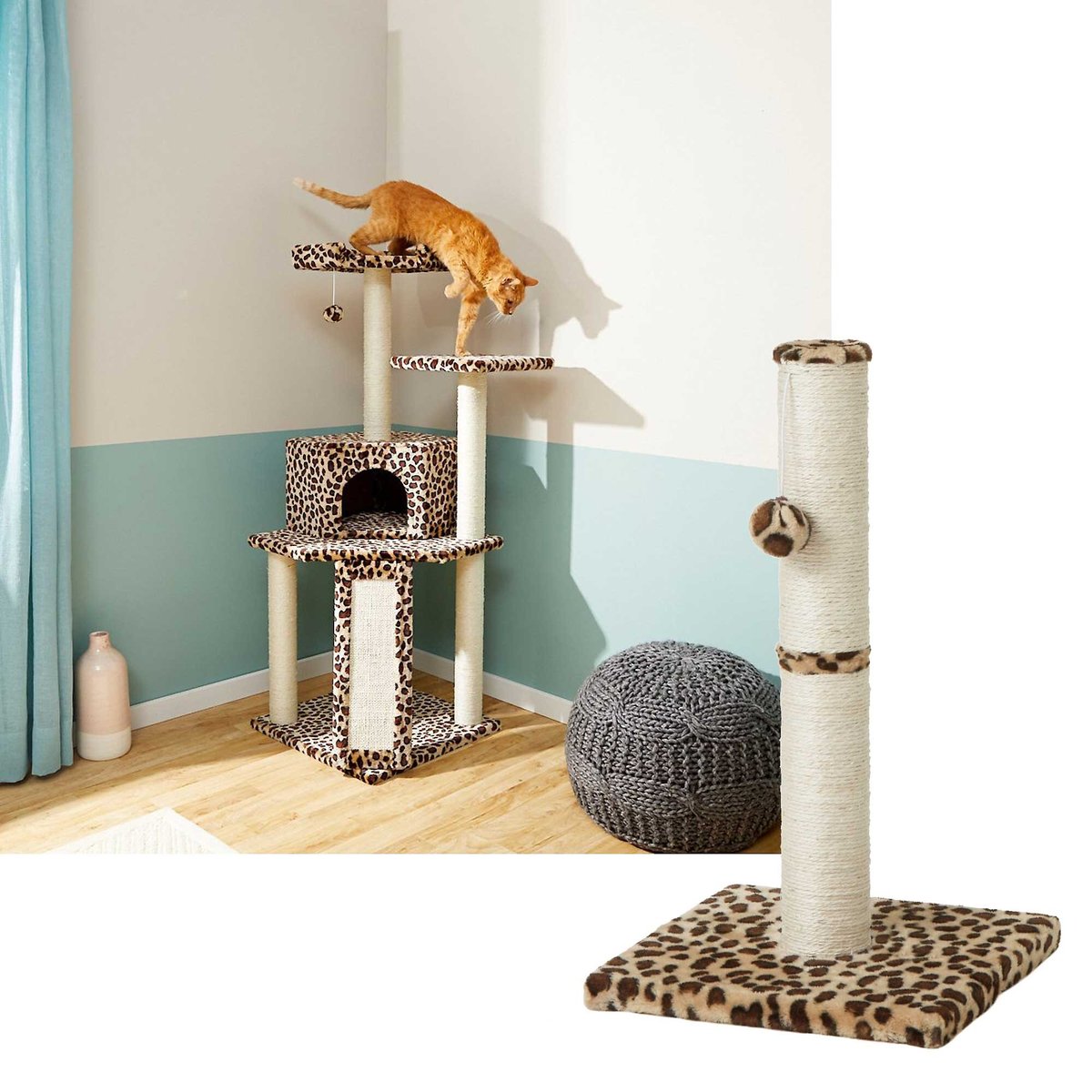 Frisco 21-in Sisal Scratching Post with Toy, Cheetah + 52-in Faux Fur Cat Tree & Condo, Cheetah